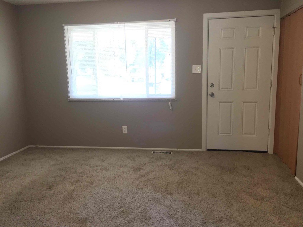 A room with a carpeted floor, a white door, and a window with blinds.