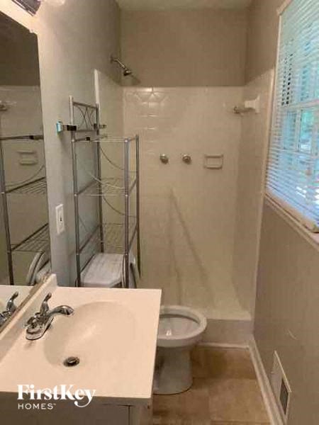a bathroom with a sink and a toilet and a shower