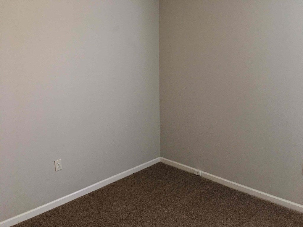 A room with brown carpet and white walls.