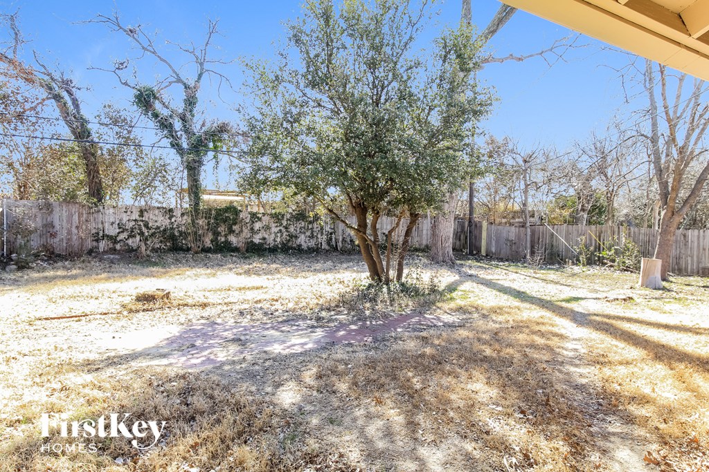 the backyard is fenced in and has a tree