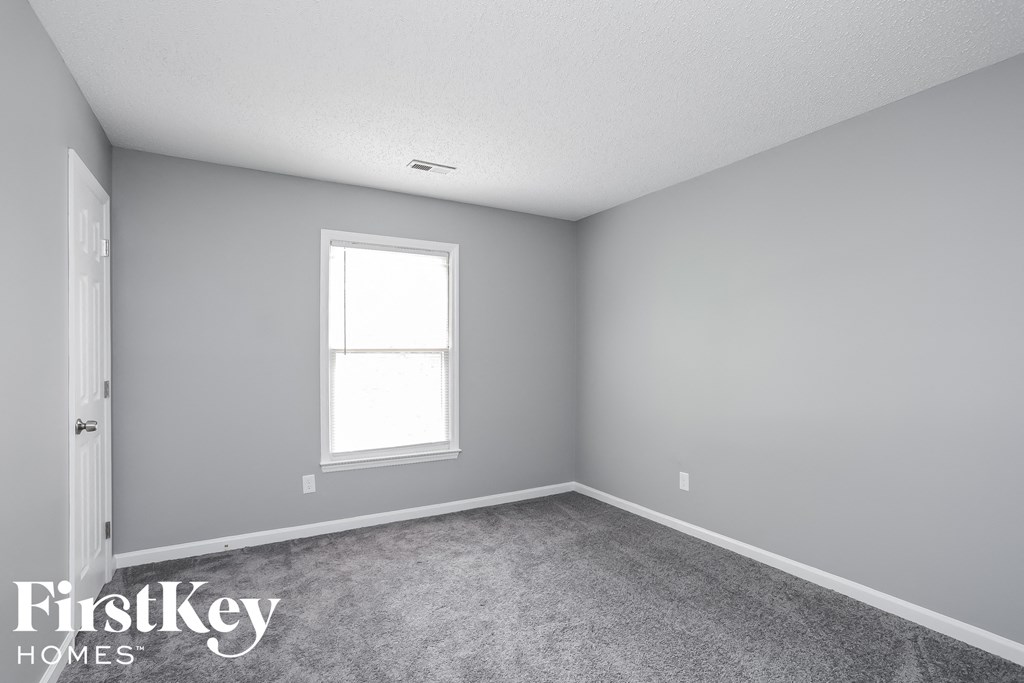 a bedroom with gray walls and a window and carpet