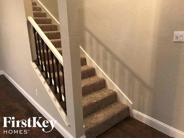 a staircase with a white railing and carpeted stairs