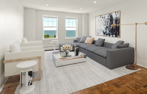 a living room with a gray couch and a white rug