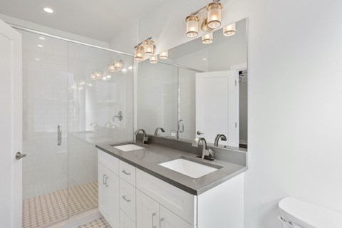 a white bathroom with two sinks and a shower