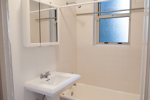 a bathroom with a sink and a tub and a window