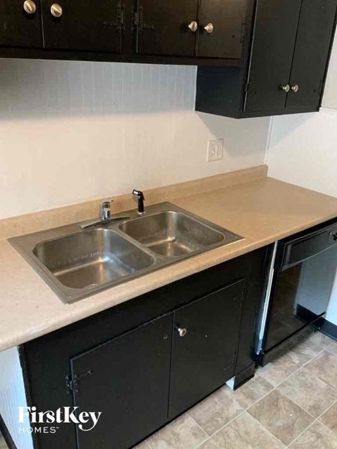 A kitchen with a sink and black cabinets.