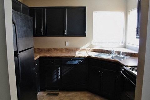 A kitchen with black cabinets and a black refrigerator.