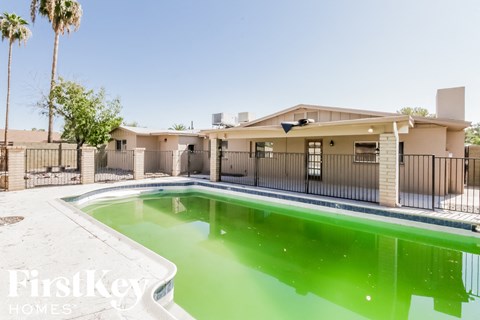 a pool with green water and a house in the background