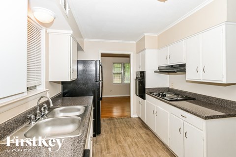 A kitchen with a black fridge and a sink with a granite countertop.