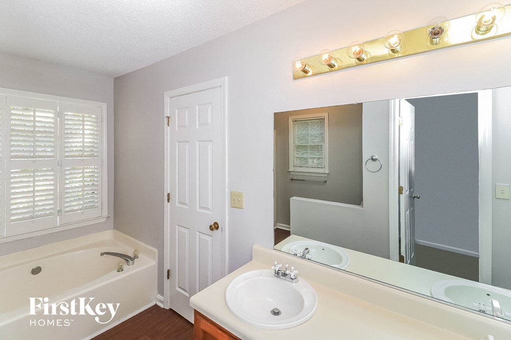 a bathroom with a sink and a mirror and a tub