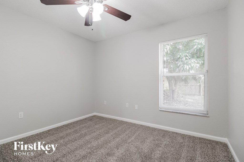 A room with a ceiling fan and a window showing trees outside.