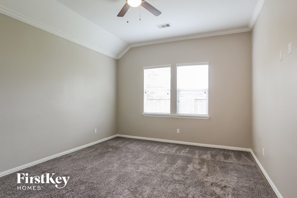 A room with a carpeted floor and a ceiling fan.