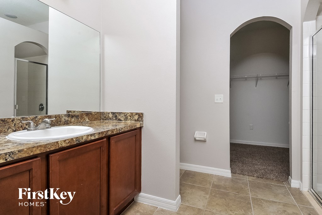 a bathroom with a sink and a mirror and a shower
