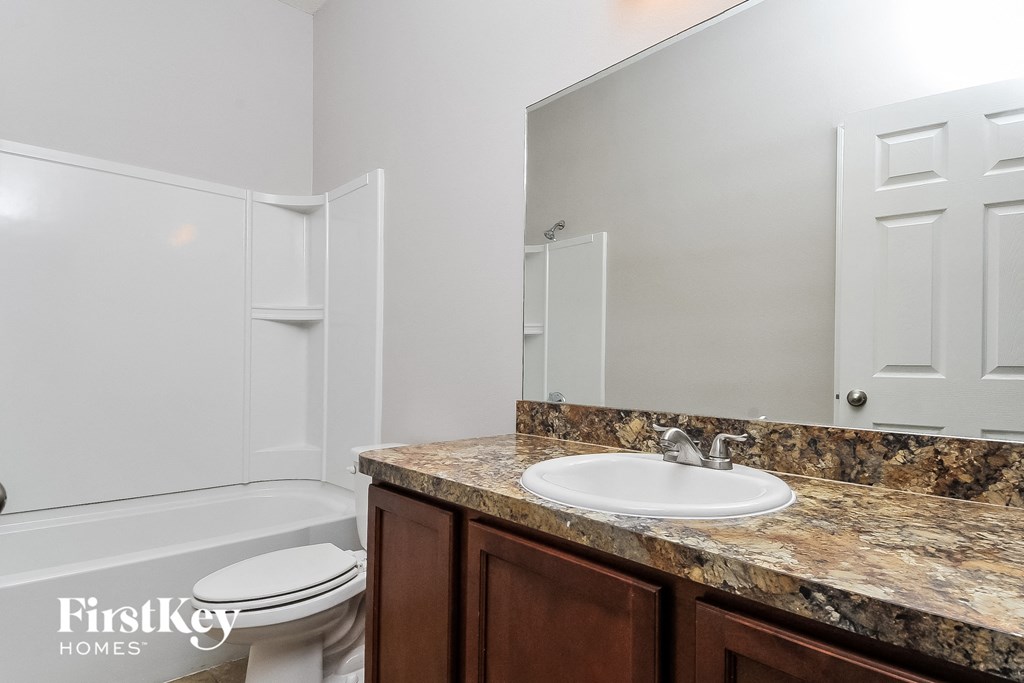 a bathroom with a sink and toilet and a mirror