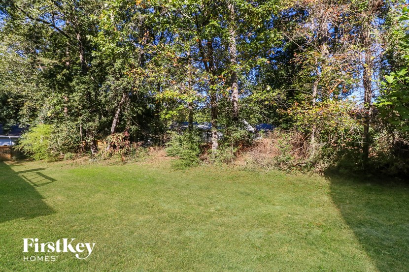 a large lawn with trees in the background
