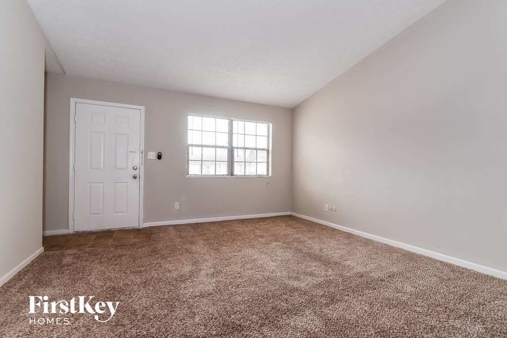 A room with a carpeted floor, a white door, and a window with blinds.