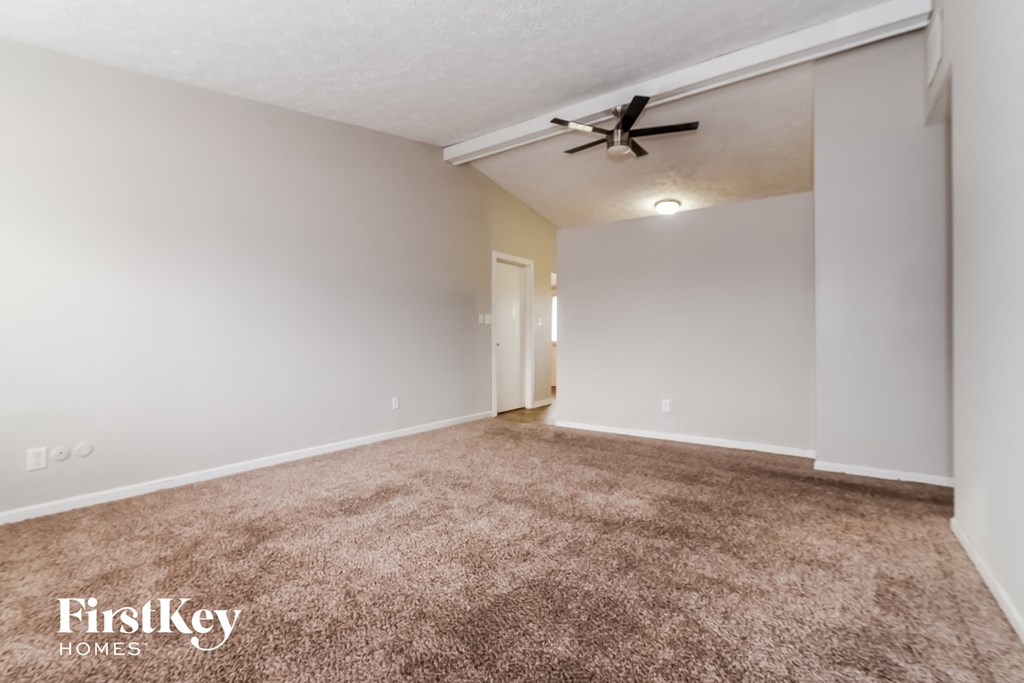 A room with a carpeted floor and a ceiling fan.