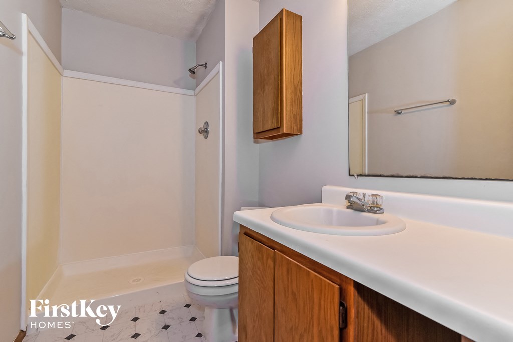 a bathroom with a sink and a toilet and a mirror