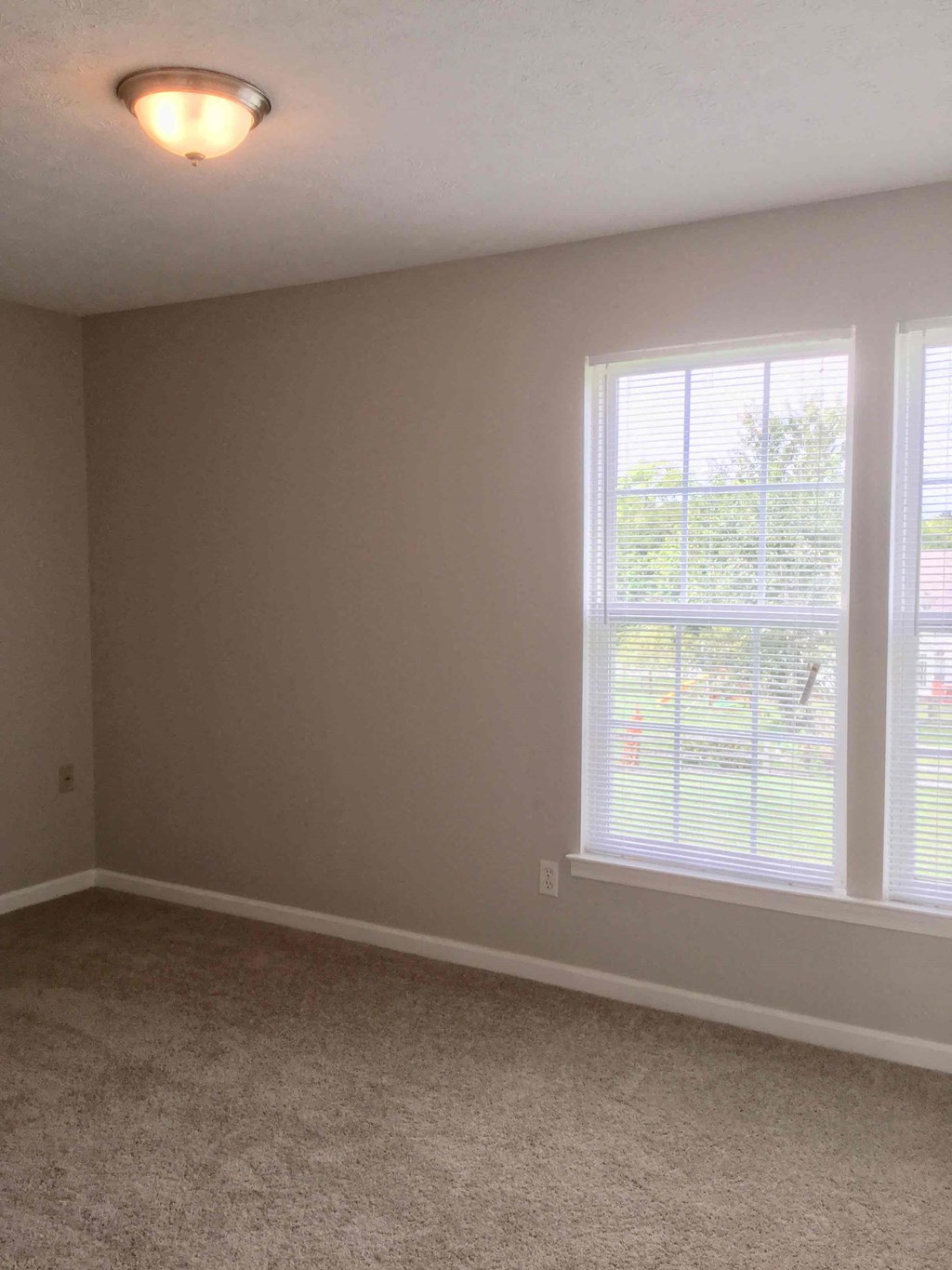 a bedroom with two windows and a carpeted floor