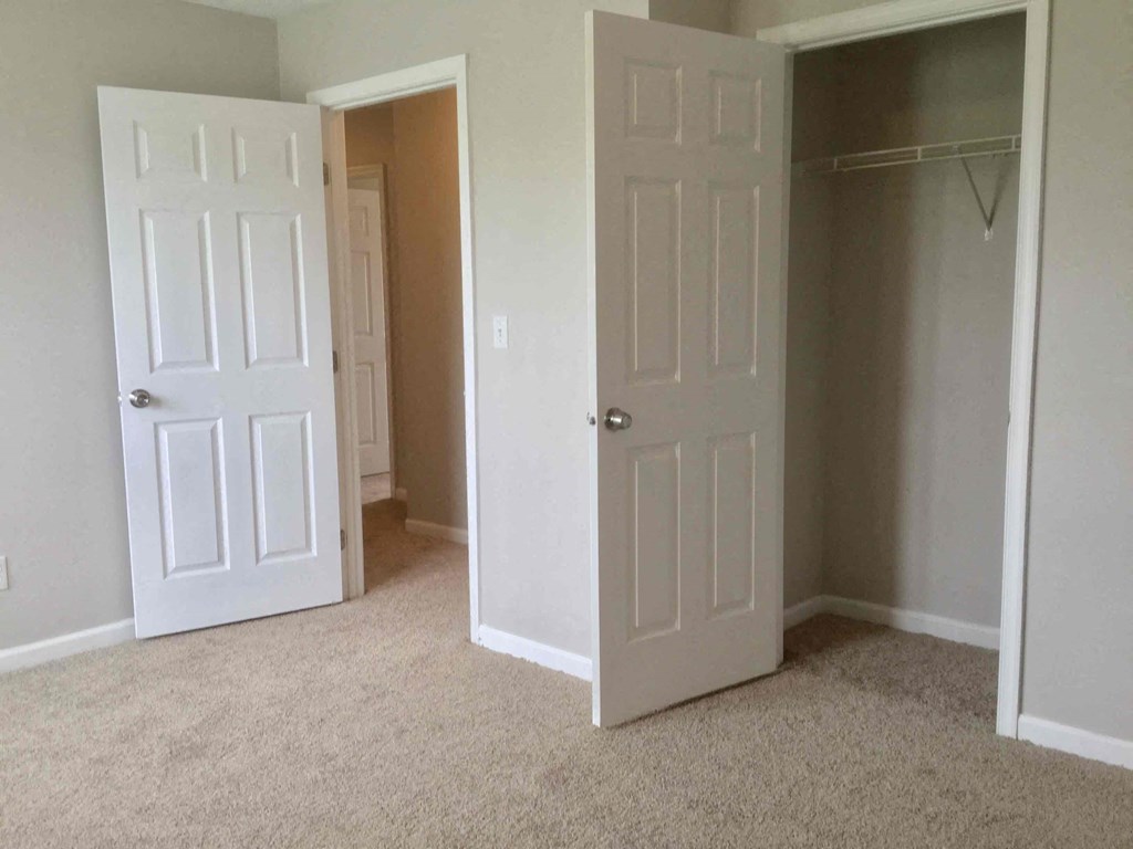 an empty bedroom with two closets and a carpeted floor