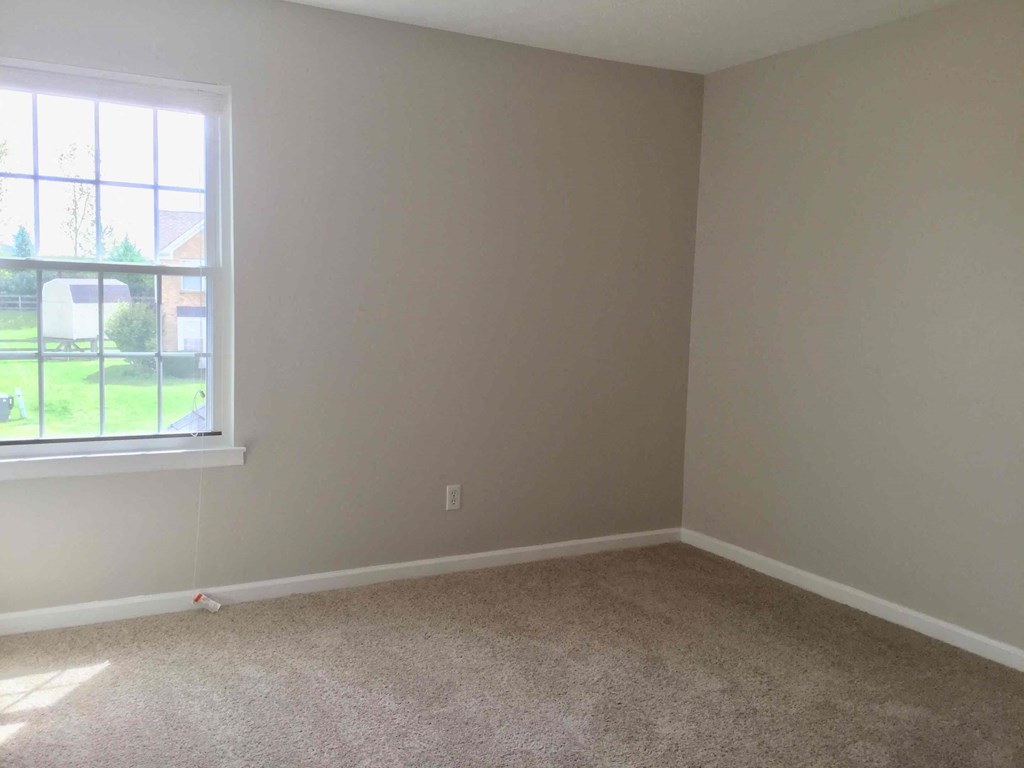an empty room with a window and carpet