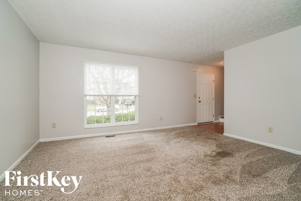 a spacious living room with carpet and a window
