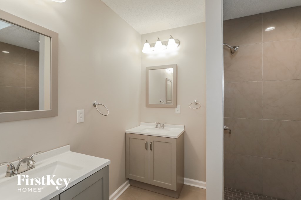 a bathroom with a sink and a mirror and a shower