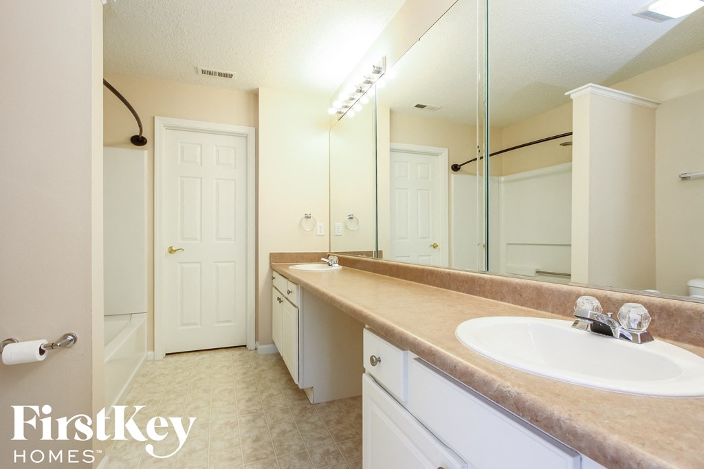 a bathroom with a sink and a large mirror