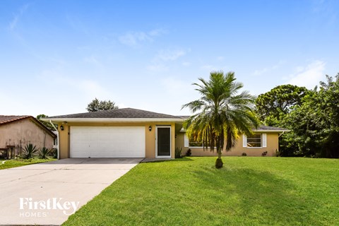 a palm tree in the front yard of a yellow house