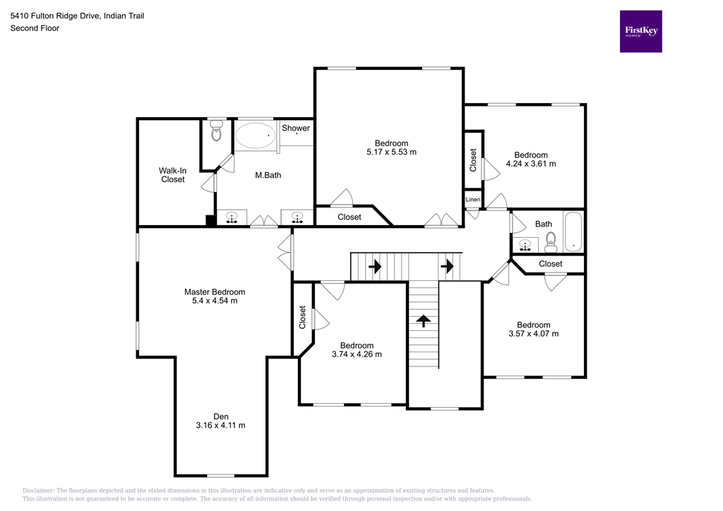 A floor plan of a house with two master bedrooms, two bathrooms, and a den.