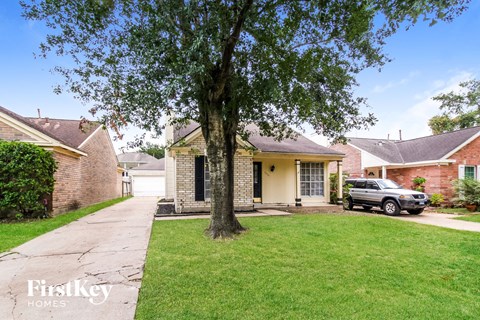 A tree stands in front of a house with a car parked in the driveway.