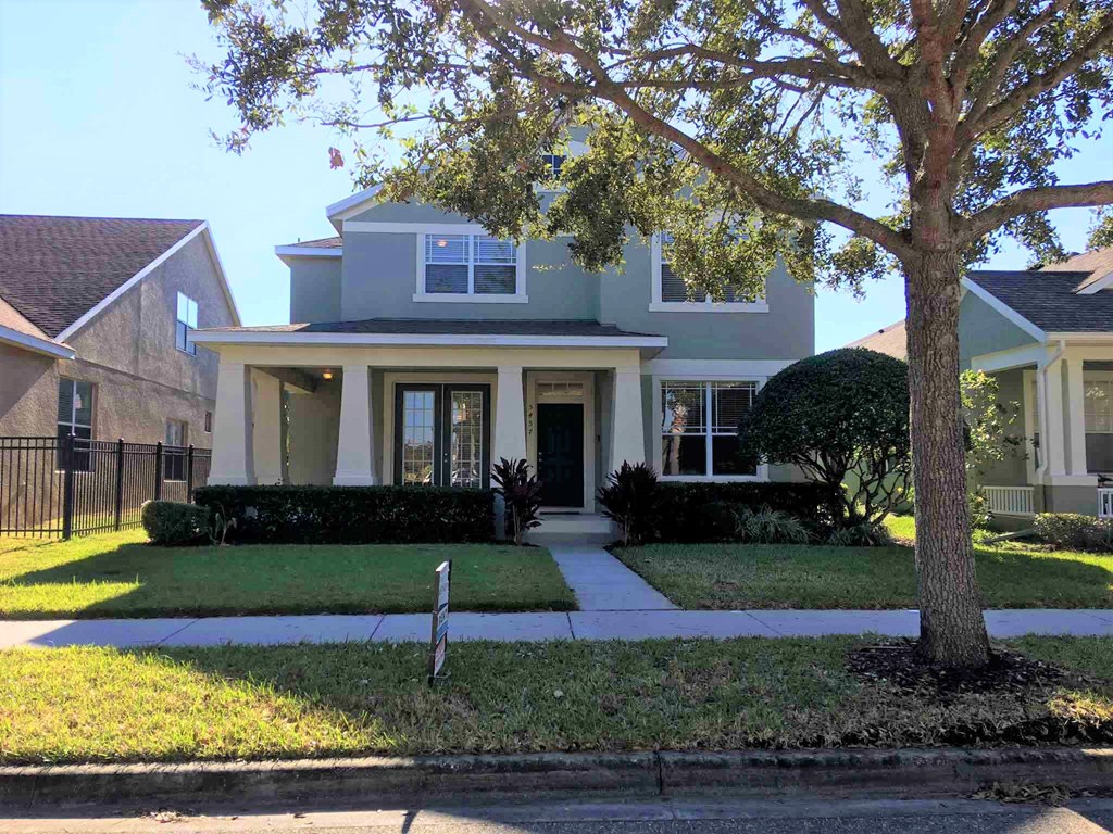 A tree stands in front of a grey house.