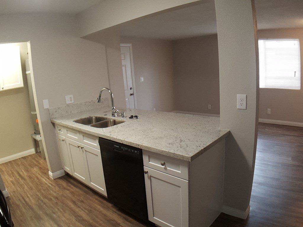 A kitchen with a sink and a dishwasher.