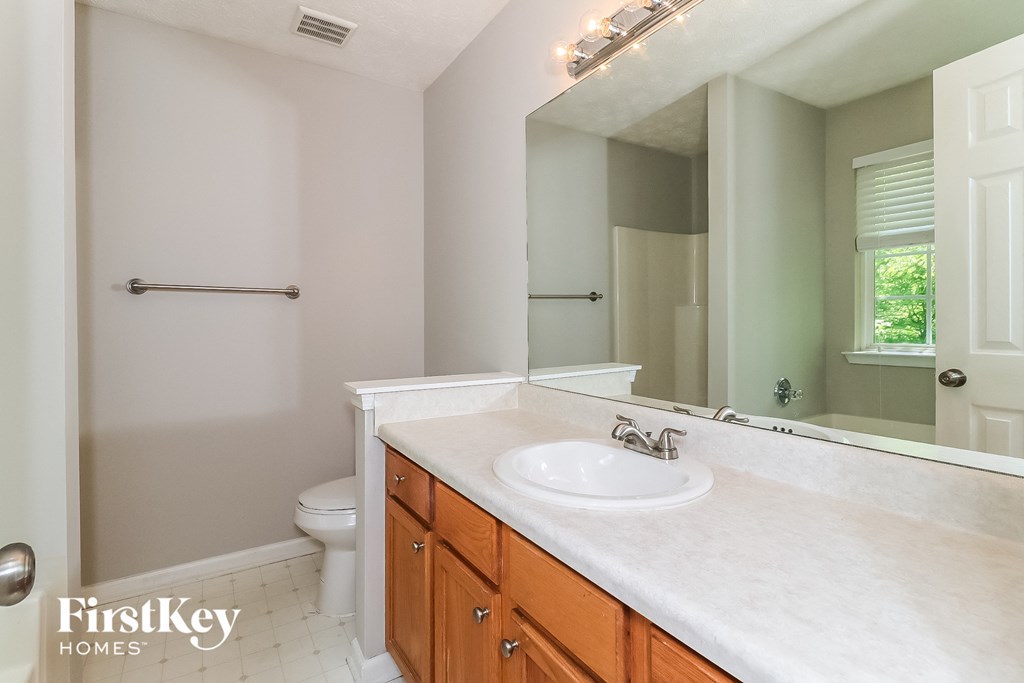 a bathroom with a sink and a mirror and a toilet