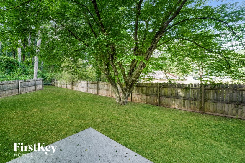 a fenced in backyard with a tree and a fence