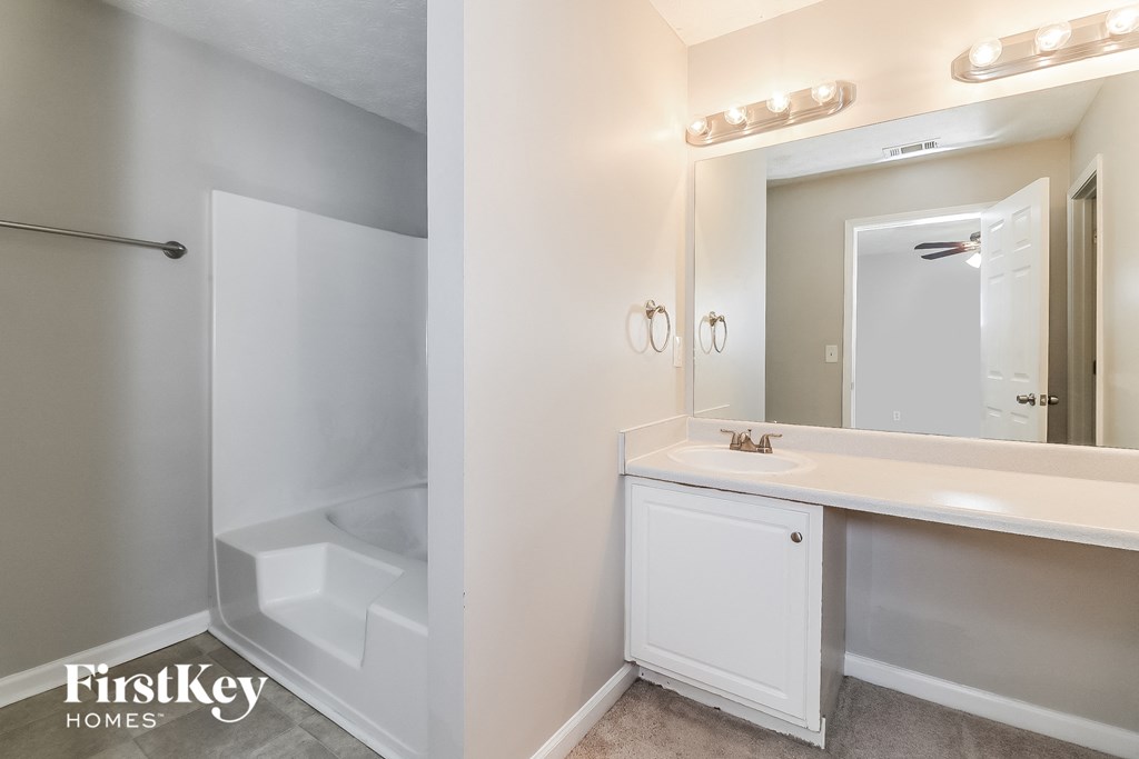a bathroom with a sink and a shower and a mirror