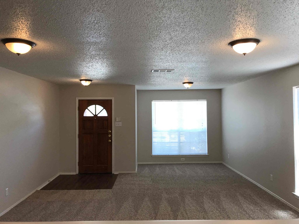 A room with a brown door and carpeted floor.