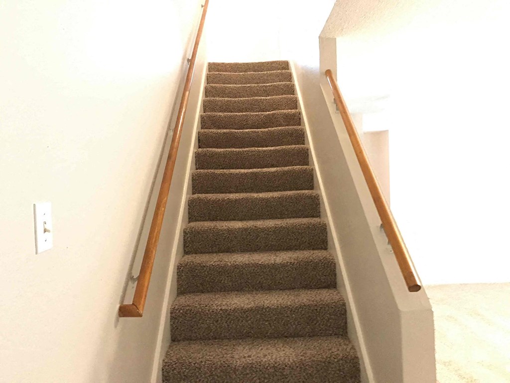 A staircase with a light brown carpet and wooden handrails.