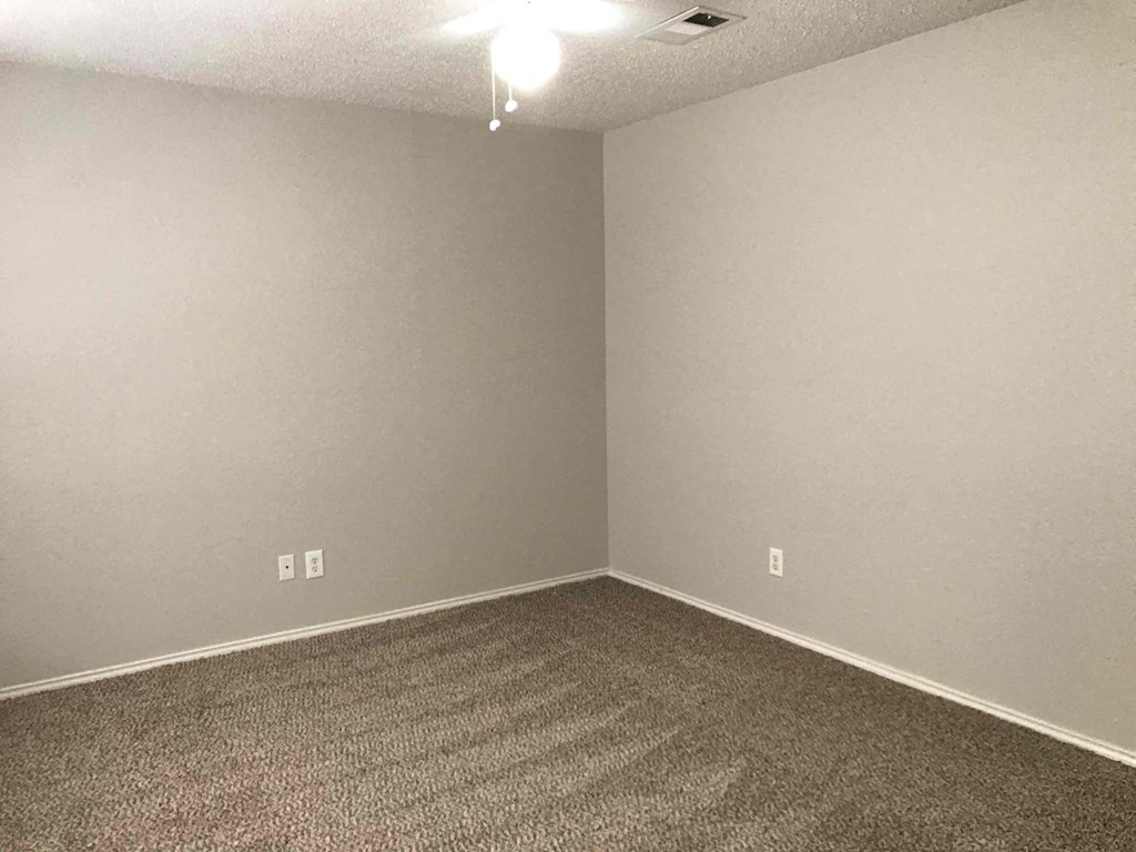 A room with a carpeted floor and two switches on the wall.