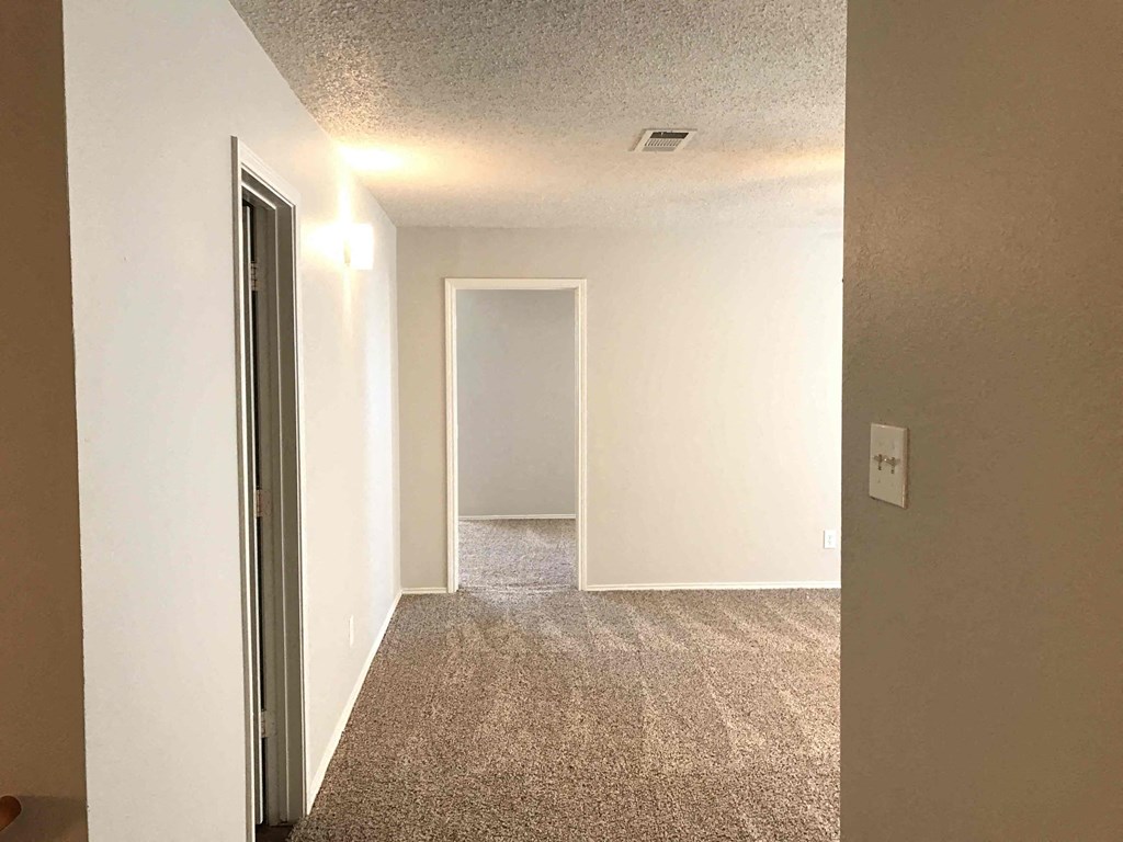 A hallway with a carpeted floor and a white door.
