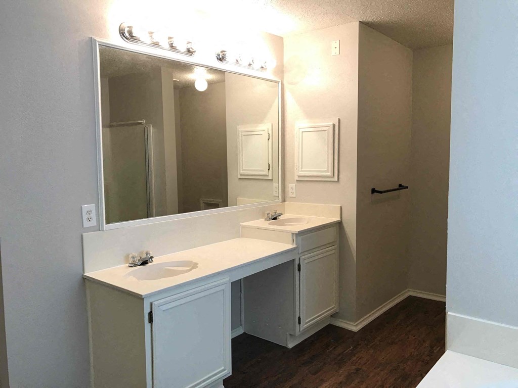 A bathroom with a vanity and a mirror.