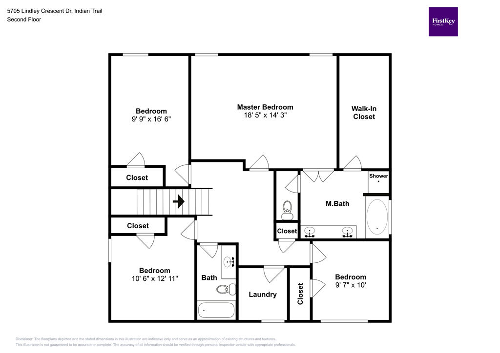 A floor plan of a second floor apartment with two bedrooms, a master bedroom, a bathroom, a laundry room, and closets.