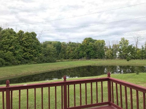 A red railing overlooks a pond with trees in the background.