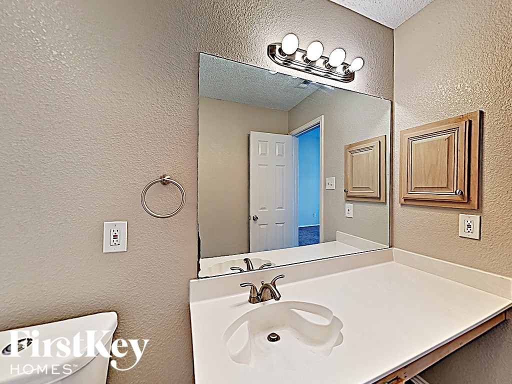 a bathroom with a white sink and a large mirror