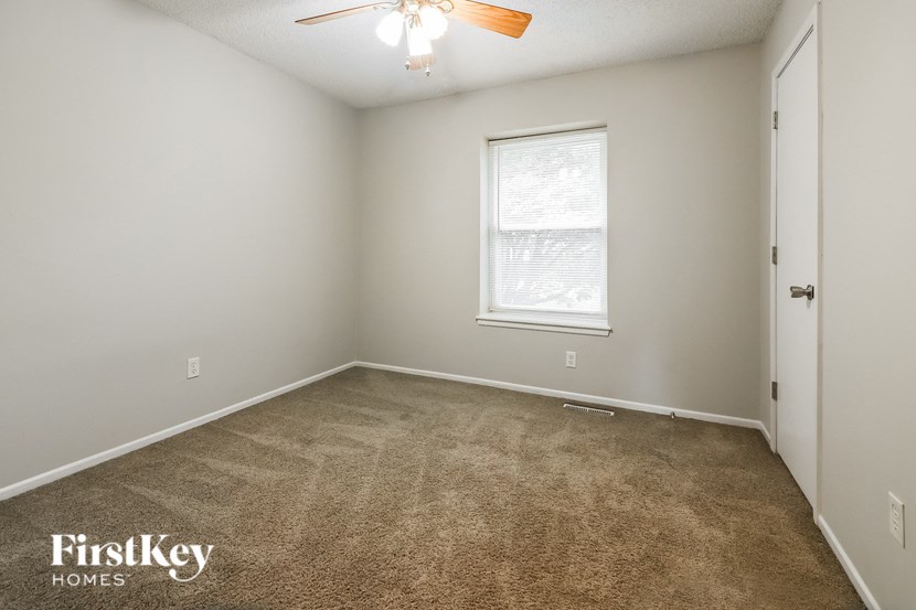 a carpeted room with a window and a ceiling fan