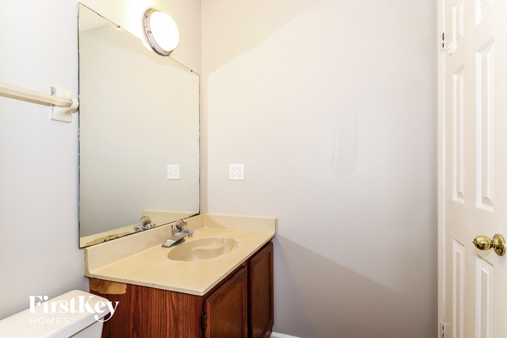 a bathroom with a sink and a large mirror