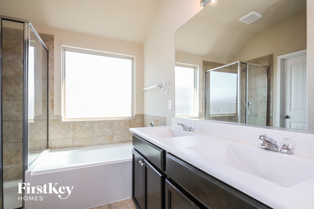 a bathroom with a sink and a shower and a tub