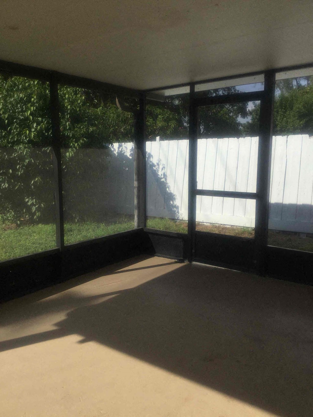 A sunny room with a view of a white fence and trees.