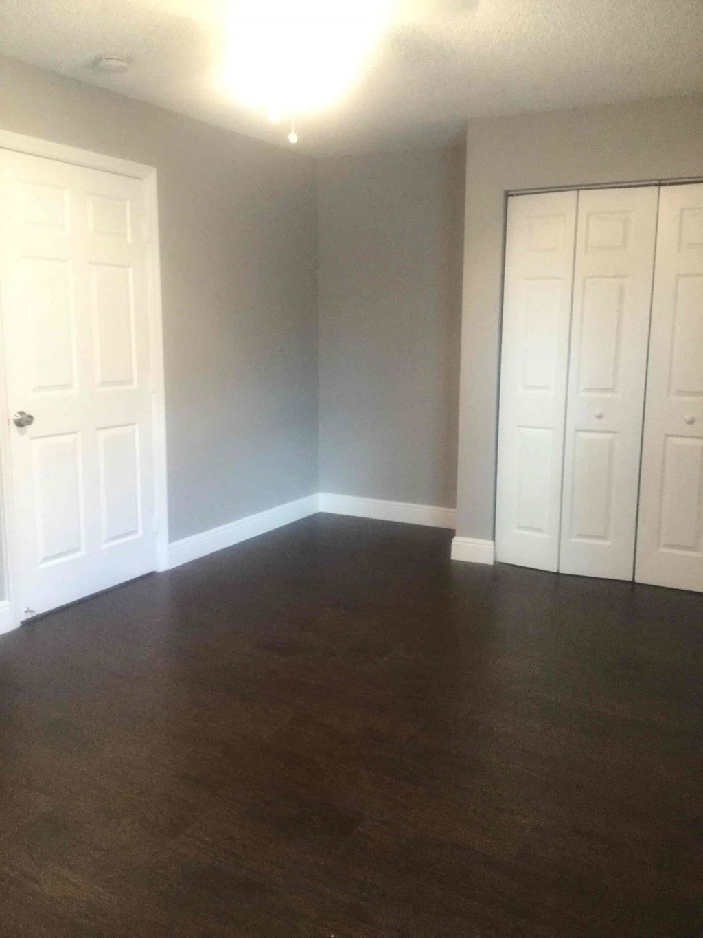 A room with two white doors and dark wood floors.