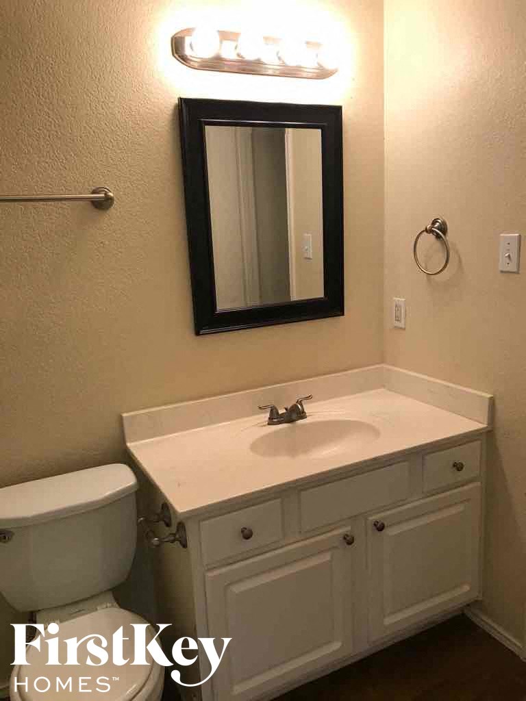 a bathroom with a sink and a mirror and a toilet